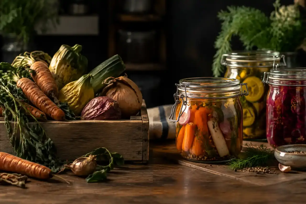 Bocaux de pickles de légumes colorés et croquants sur une table en bois rustique