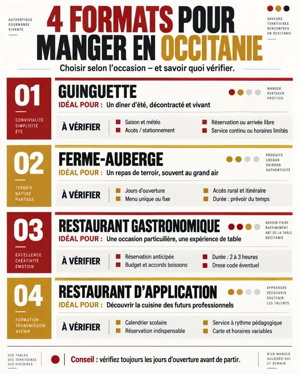 Restaurant Occitanie : infographie des formats guinguette, ferme-auberge, gastronomique et restaurant d’application