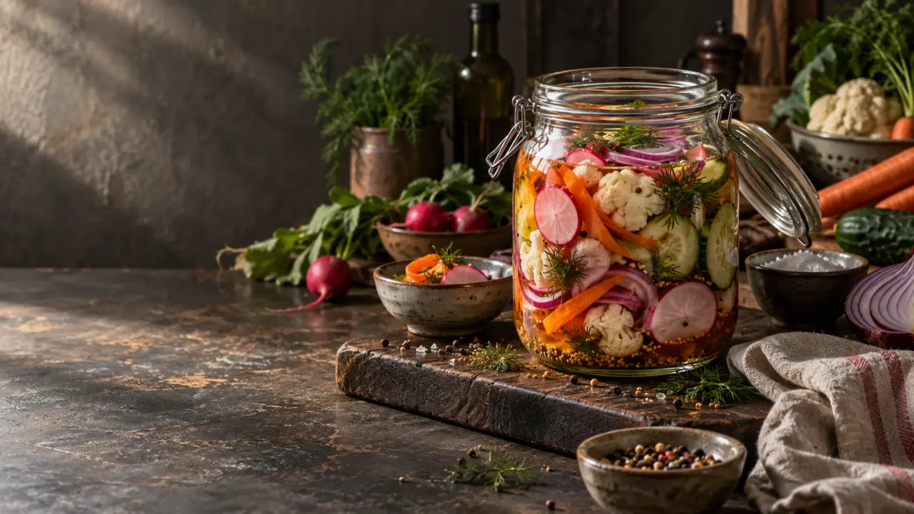 Bocal de pickles maison avec légumes de saison colorés
