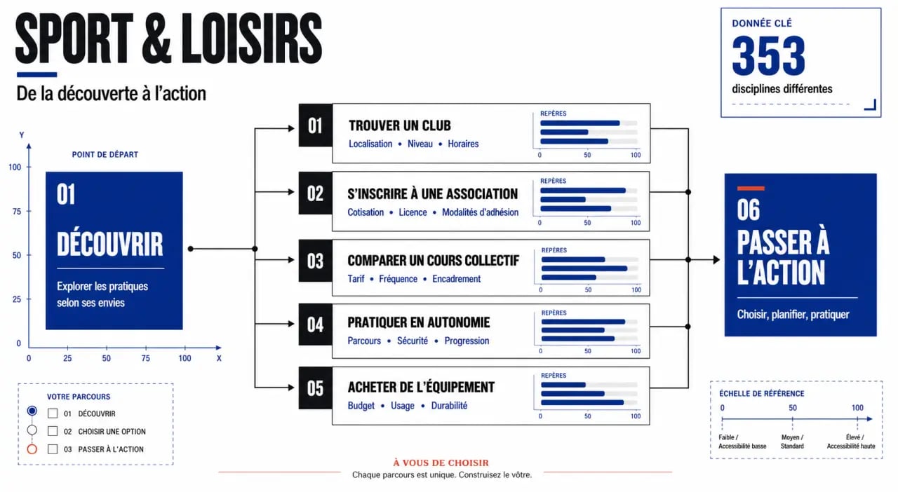 Infographie sport et loisirs : choisir un club, une association ou une pratique libre selon son niveau et sa localisation