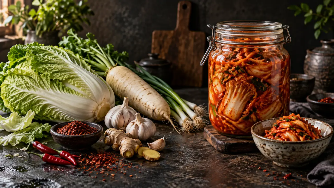 Légumes frais et bocal de kimchi maison sur une table de cuisine