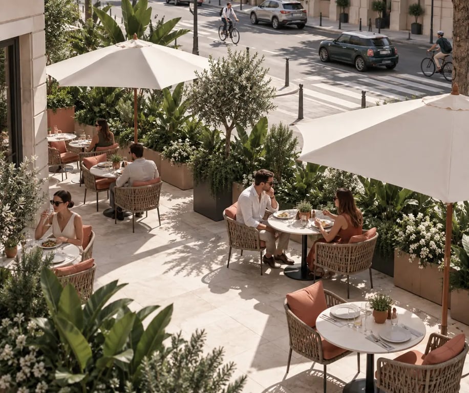 Restaurant terasse en ville avec espace ombragé et tables en retrait de la circulation
