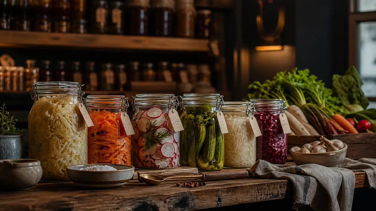 Préparations fermentées maison dans des bocaux en verre, ambiance chaleureuse de cuisine artisanale