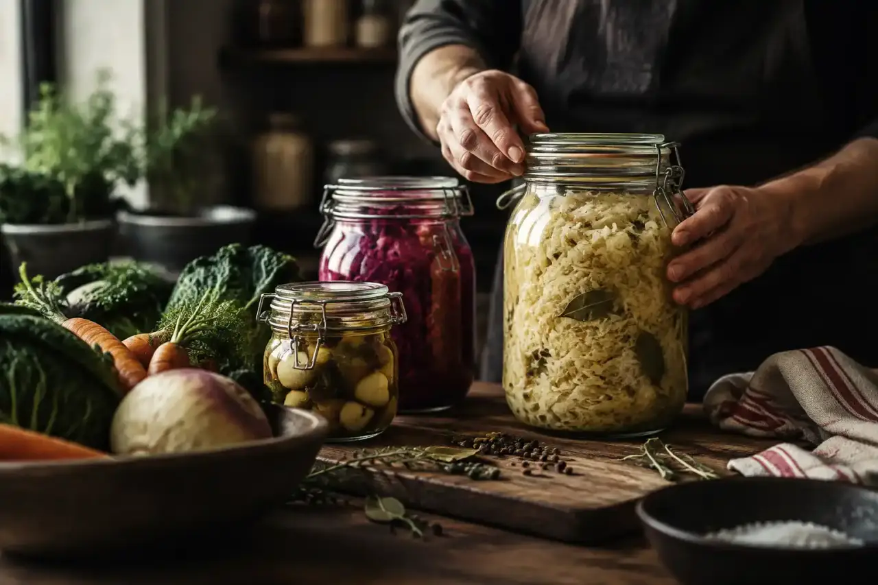 Bocaux de fermentation artisanale alignés sur une table en bois rustique