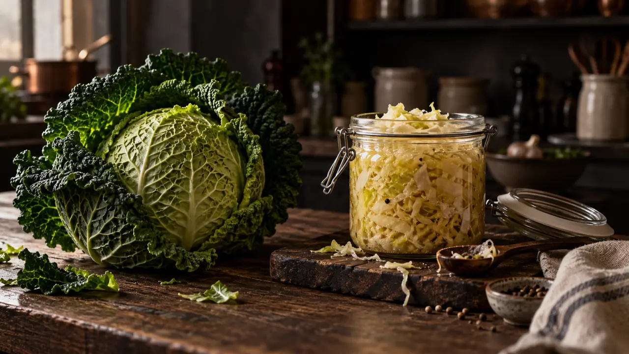 Chou émincé en cours de fermentation dans un bocal en verre
