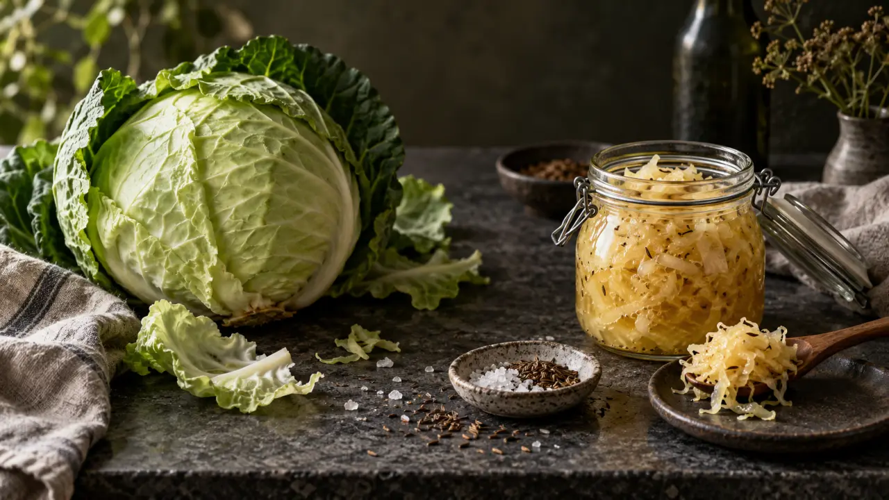 Chou fermenté maison dans un bocal en verre, avec feuilles de chou fraîches