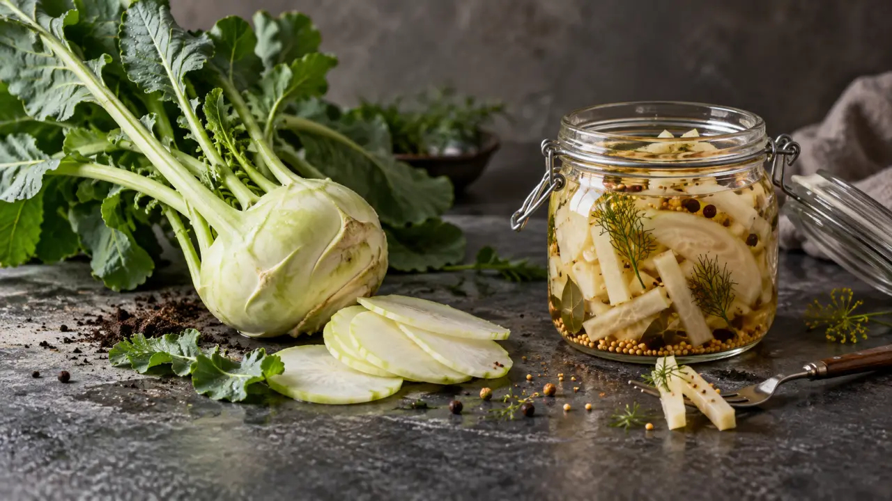 Bocaux de pickles de chou-rave croquants, servis avec des herbes fraîches