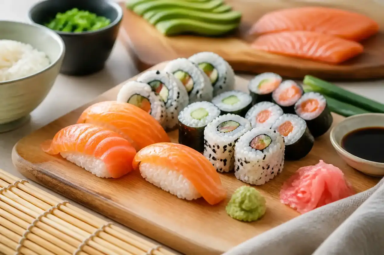 Les Sushis Maison : Guide Simple pour Débutants Gourmandsique chic garni de bouteilles de vin, de verres et de pain de campagne sur une nappe
