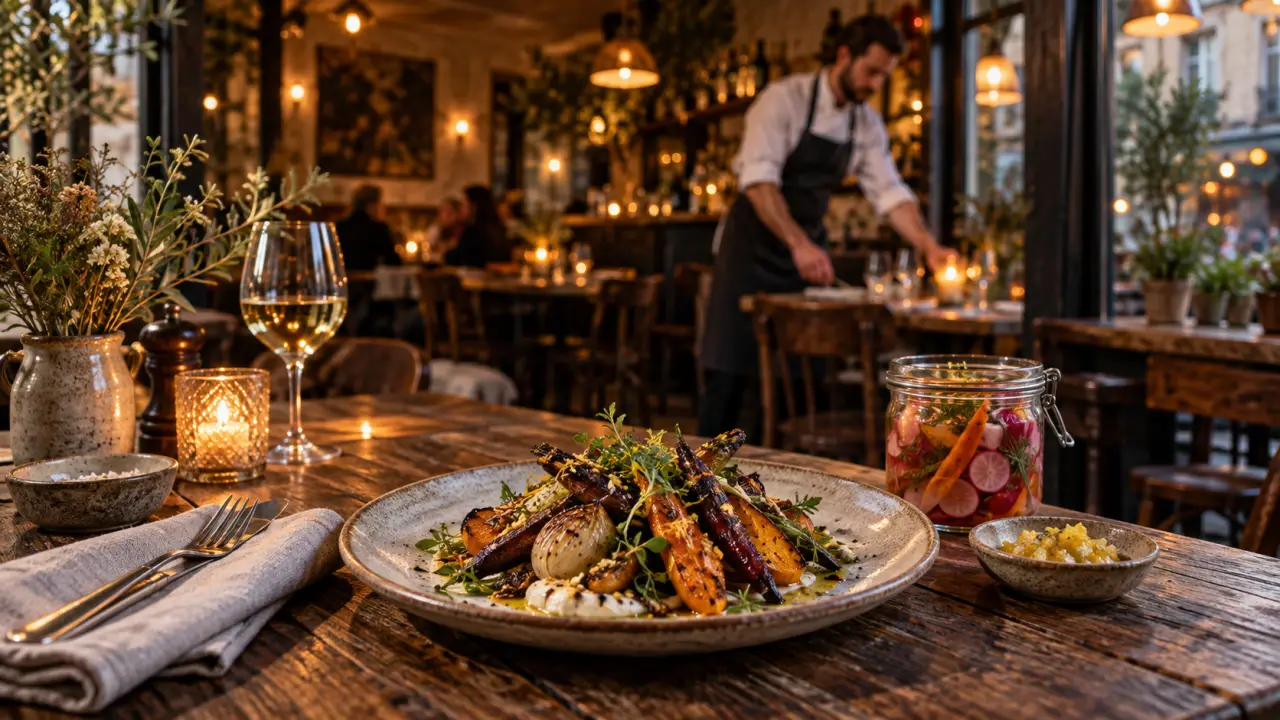 Salle chaleureuse d'un bistrot local avec tables dressées et lumière dorée