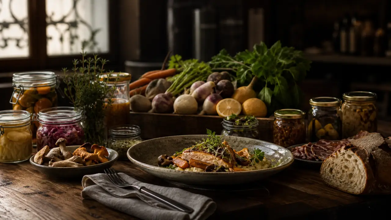 Table de bistro chaleureuse avec un plat de saison du chef
