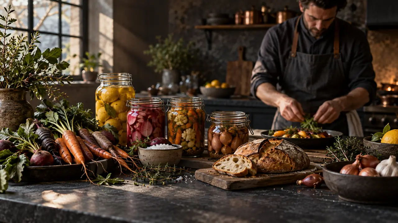 Table de bistro chaleureuse avec une assiette de saison et un verre de vin rouge