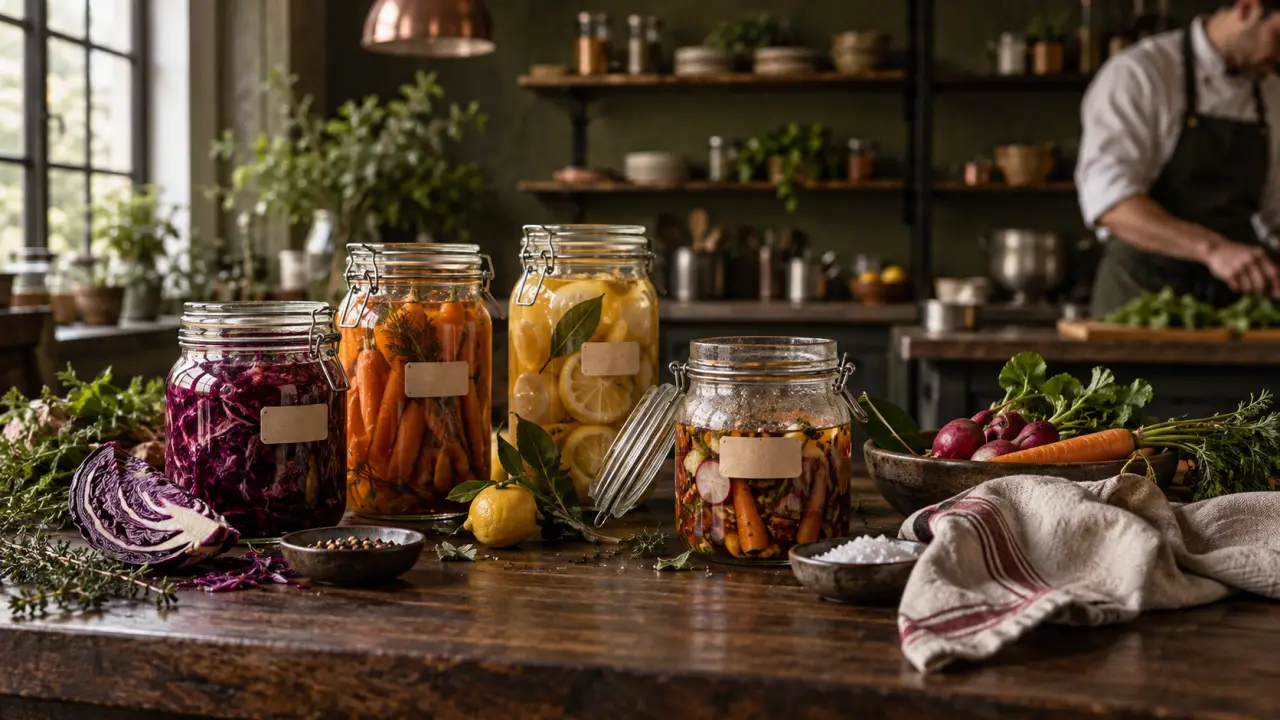Bistro Garde - Bocaux de fermentation alignés dans une cave en pierre