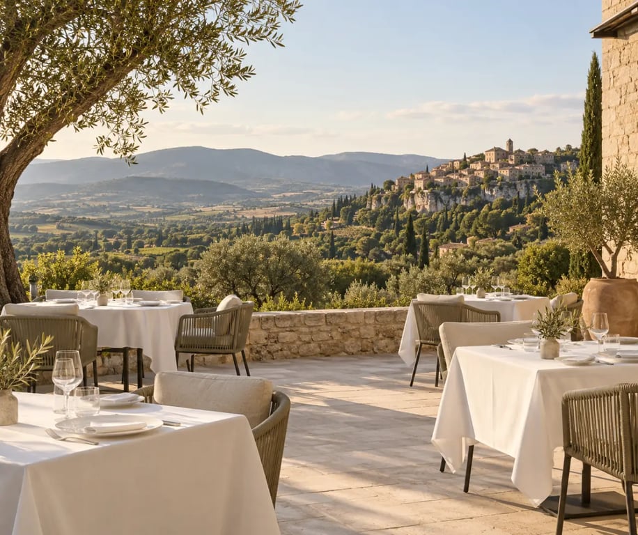 Terrasse panoramique d'un restaurant au pied du Luberon avec vue sur les collines provençales