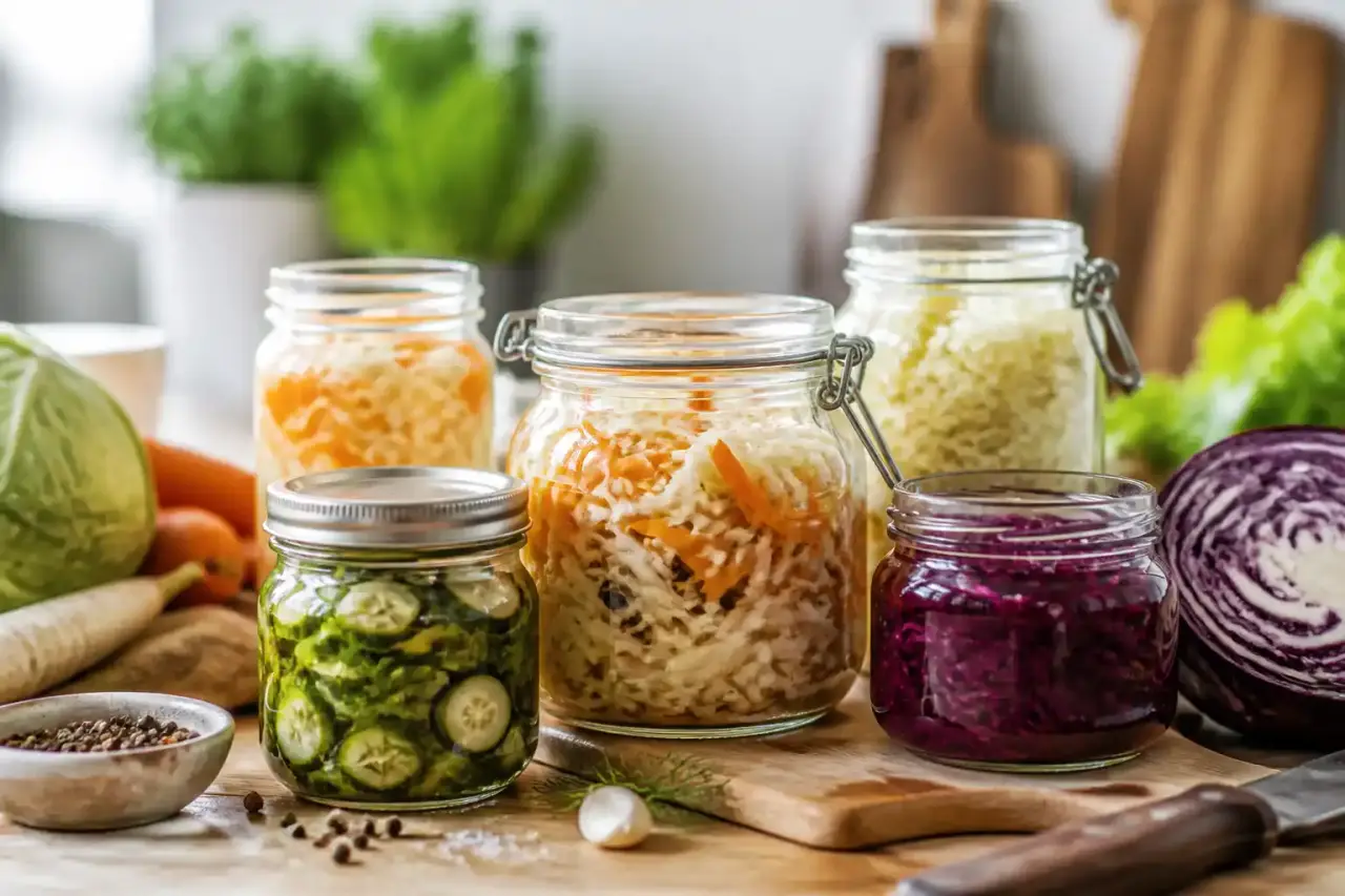 Légumes en fermentation dans des bocaux, ambiance chaleureuse et artisanale