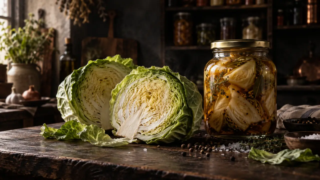 Chou d’automne fraîchement récolté et bocal de chou confit sur une table en bois