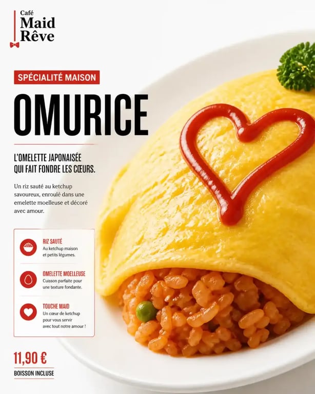 Omelette japonaise omurice avec un dessin au ketchup, une spécialité des maid cafés