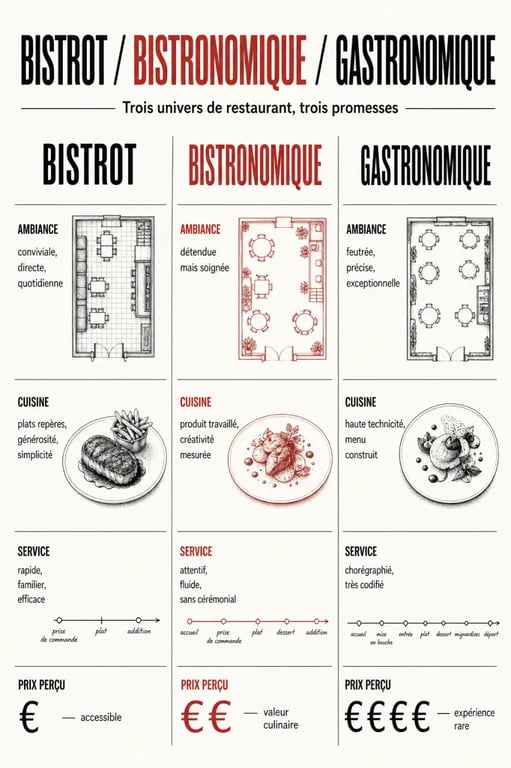 Bistronomique : comparaison visuelle entre bistrot, bistronomique et gastronomique