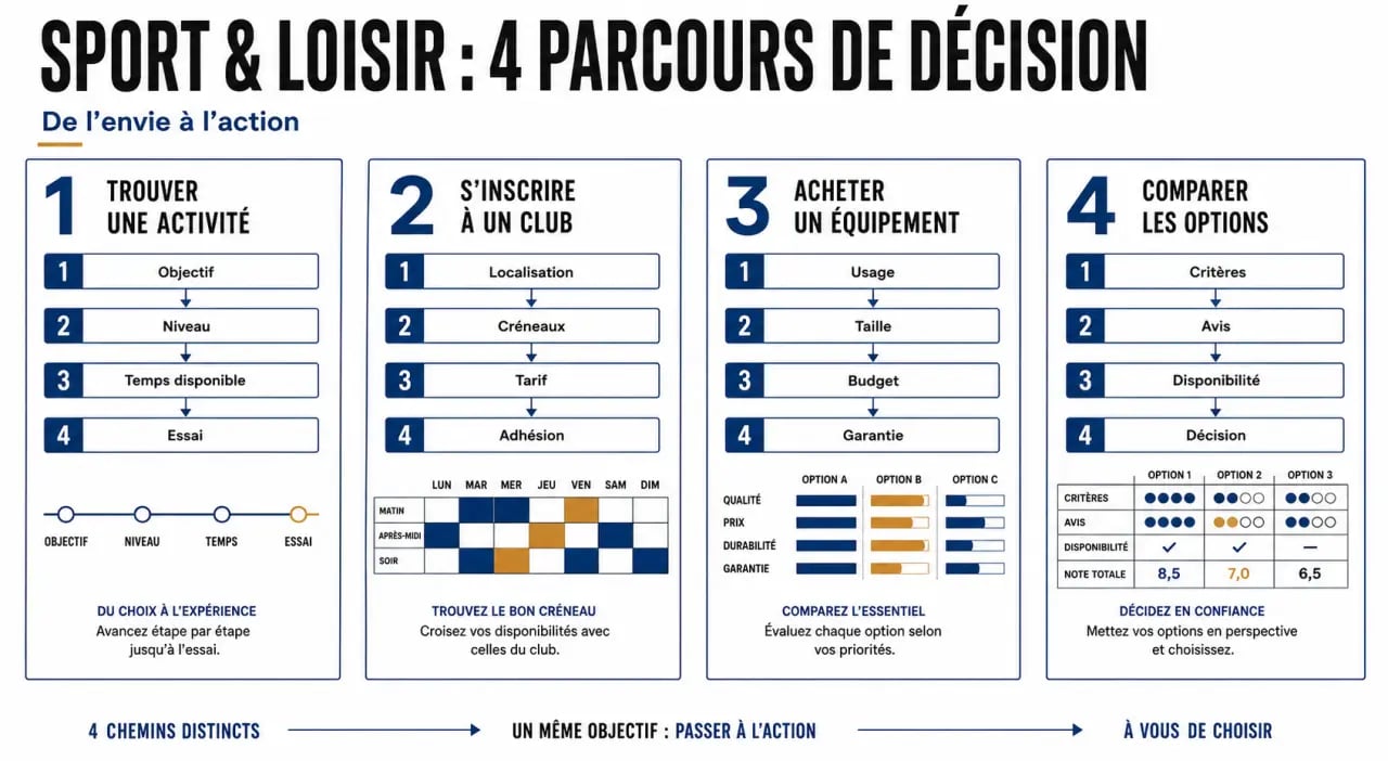 Sport et loisir : illustration comparative des choix entre club, inscription, achat d’équipement et comparaison d’offres