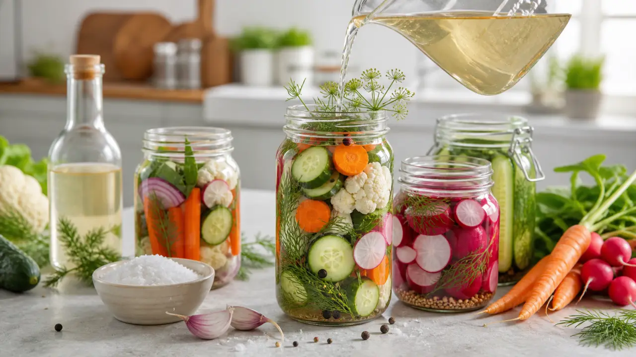 Bocaux de pickles maison aux légumes de saison sur une table de bistro