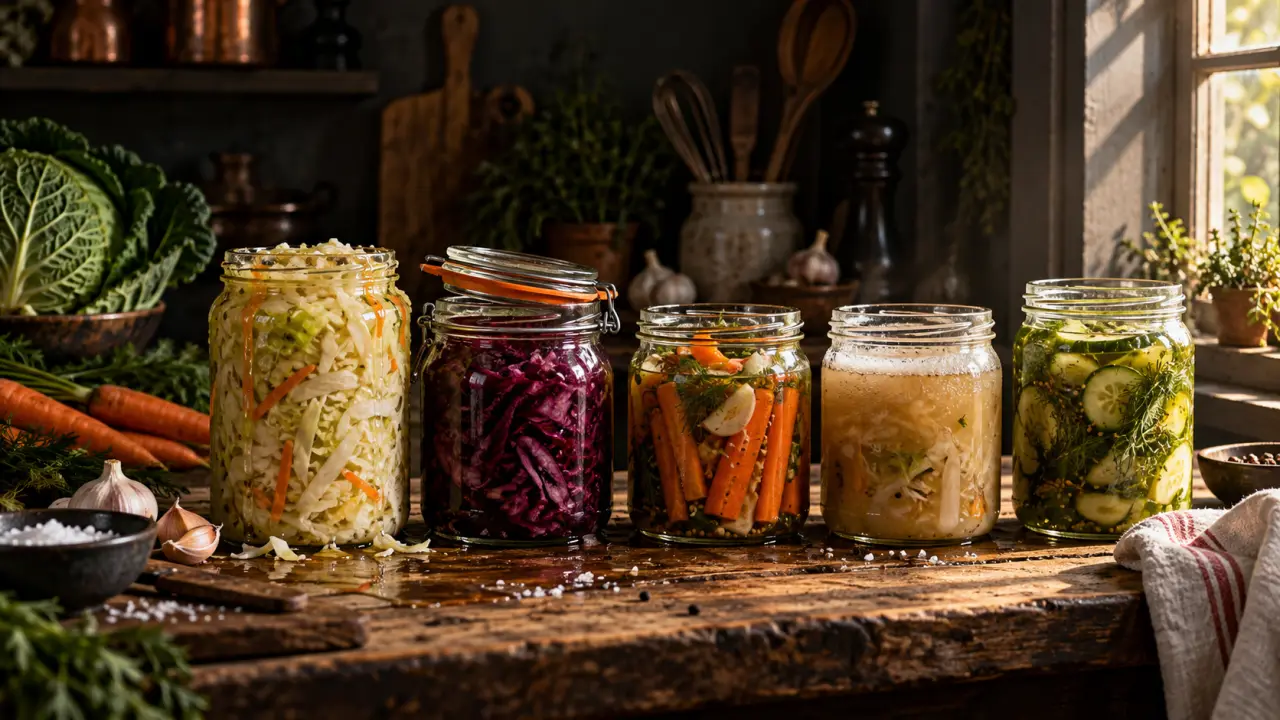 Bocaux de légumes fermentés maison sur une table de cuisine en bois