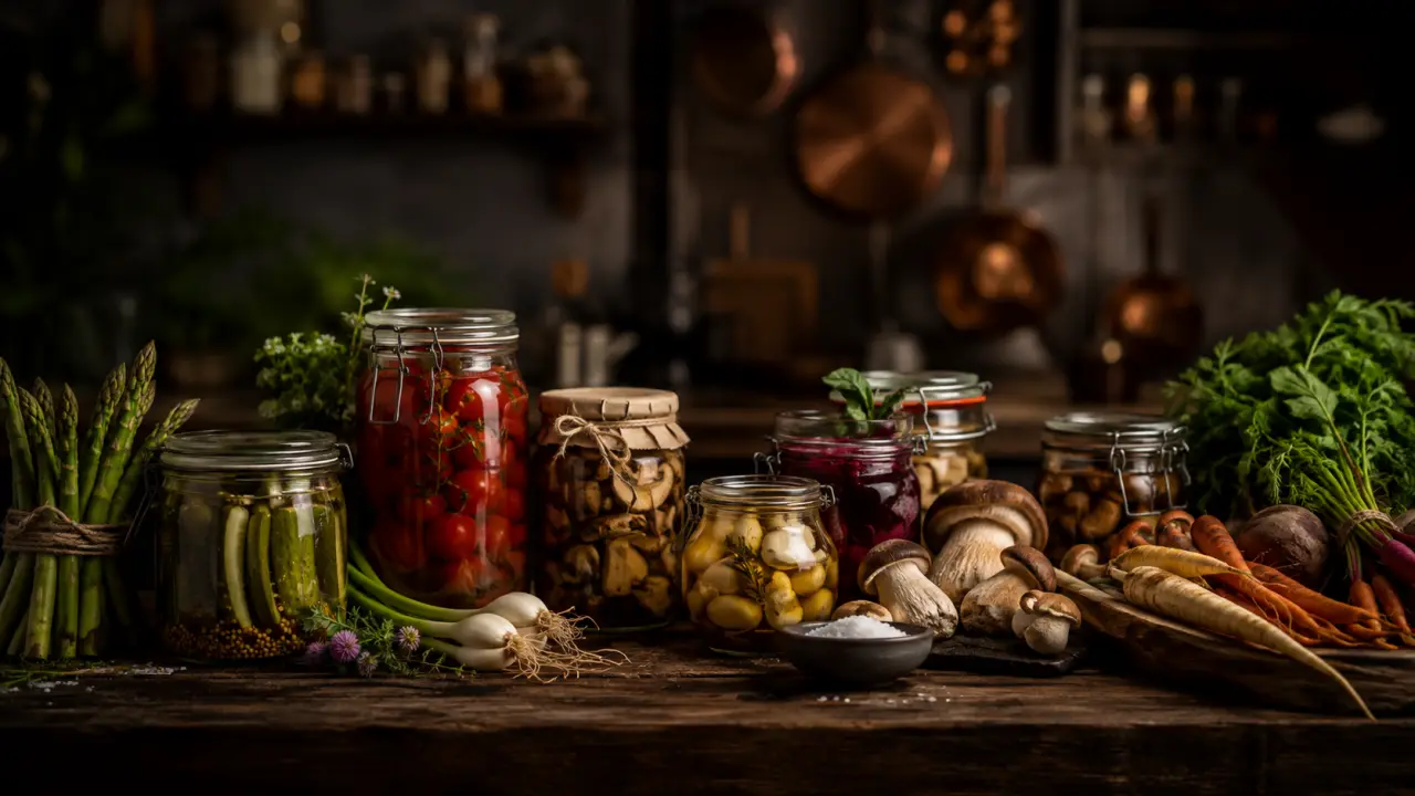 Table de bistro chaleureuse, plats de saison et bocaux gourmands dans une lumière douce