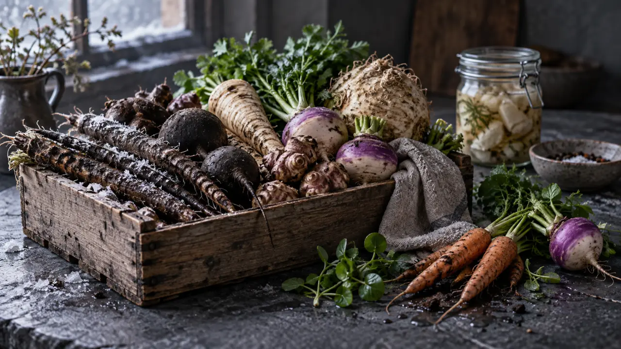 Légumes oubliés de saison disposés sur une table en bois, entre racines, feuilles et premières récoltes