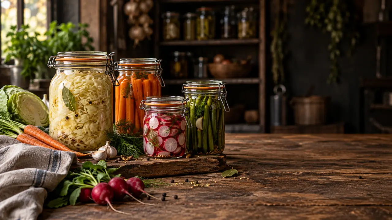 Bocaux de légumes fermentés maison dans une cuisine chaleureuse