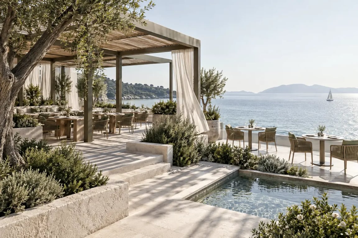 Restaurant terasse au bord de l’eau avec jardin, pergola et vue dégagée