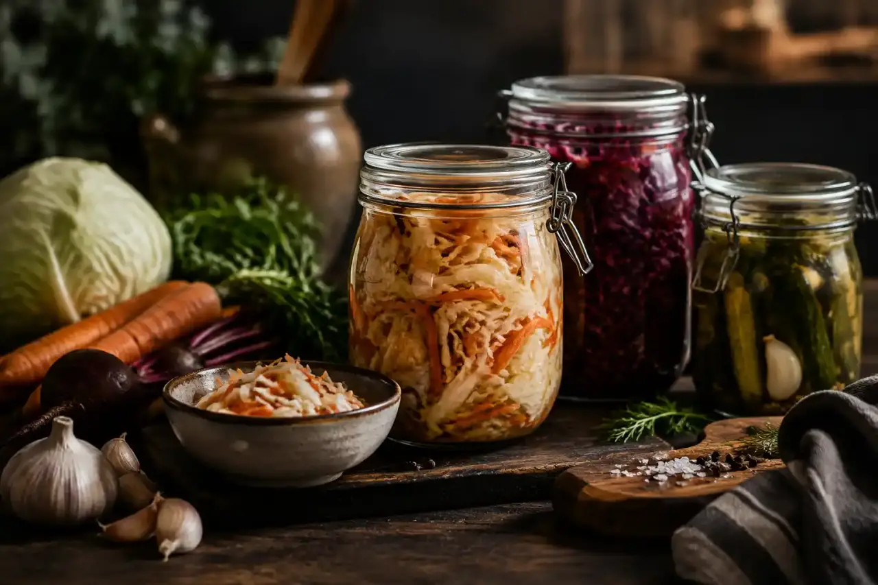 Bocaux de légumes lacto-fermentés colorés posés sur une table de cuisine