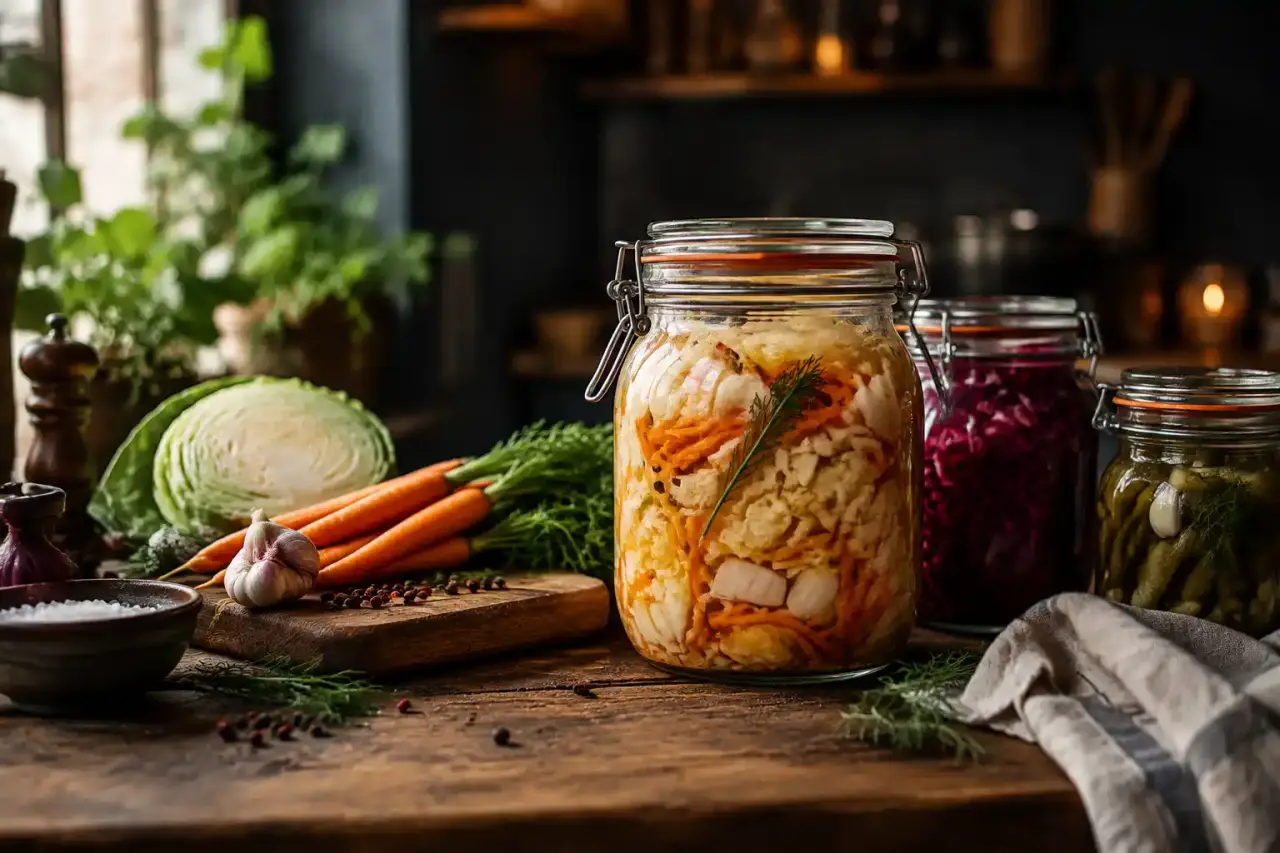 Bocaux de légumes fermentés préparés maison sur une table de cuisine