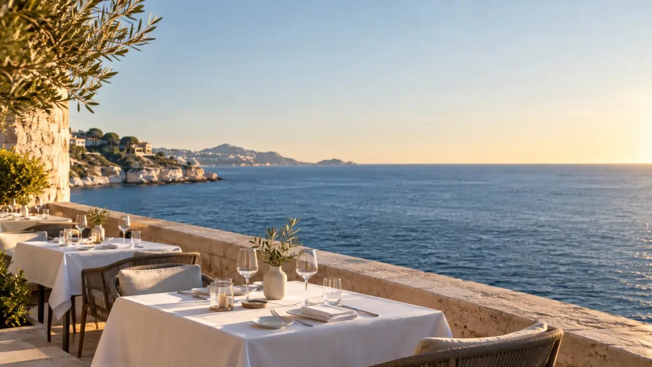 Restaurant avec vue Marseille sur la Corniche face à la Méditerranée au coucher du soleil