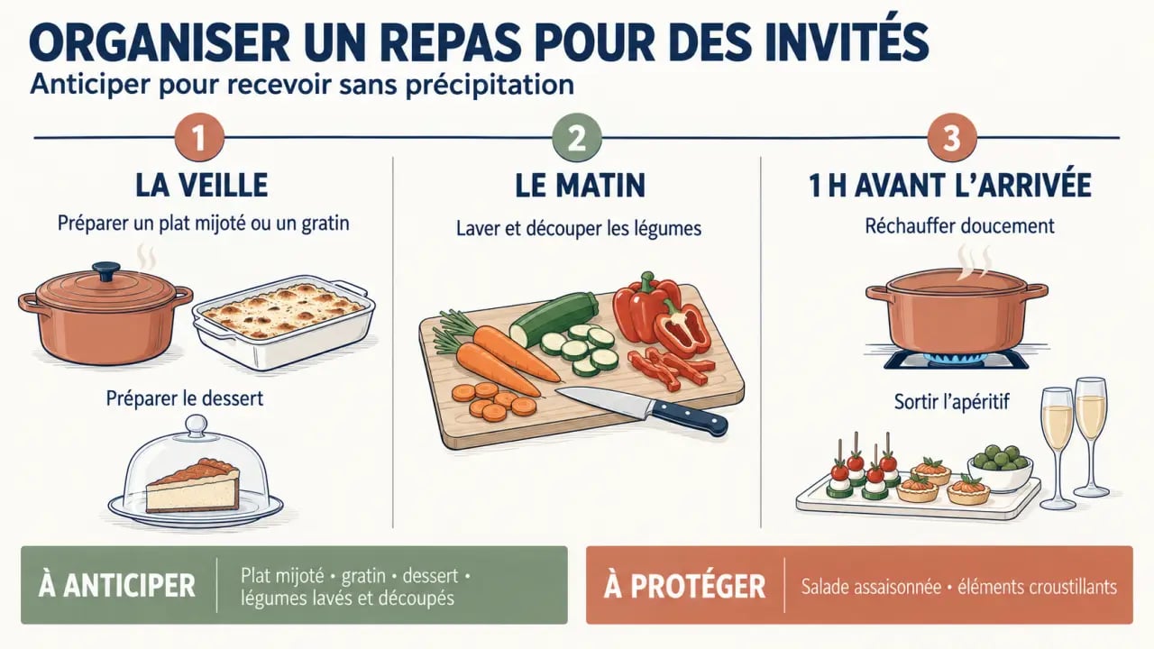 Organisation d'un repas pour invités avec rétroplanning de préparation la veille et le jour J