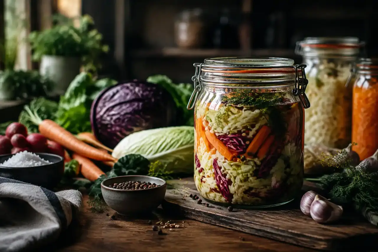 Bocaux de légumes croquants en fermentation maison sur une table de cuisine