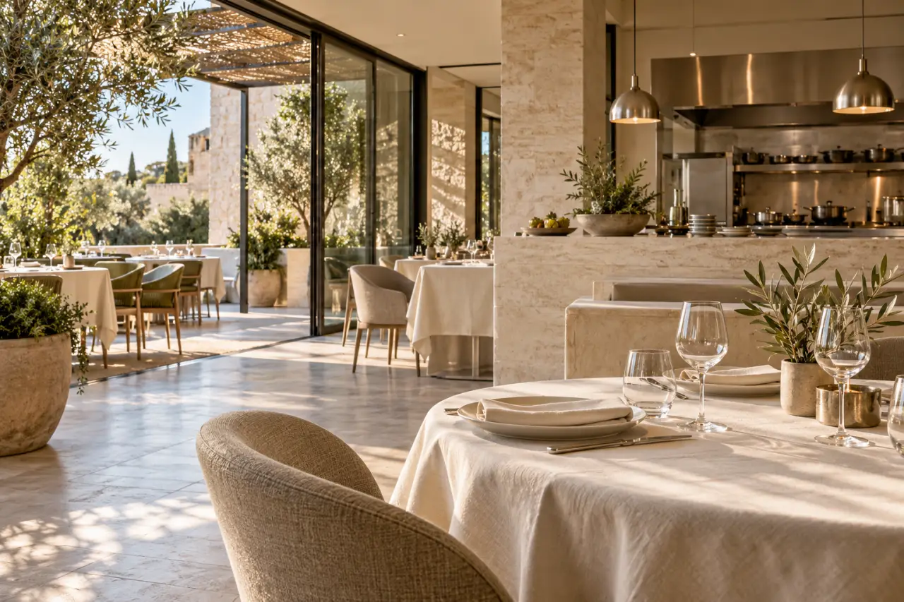 Hôtel restaurant à Nîmes avec salle de restaurant et terrasse ombragée