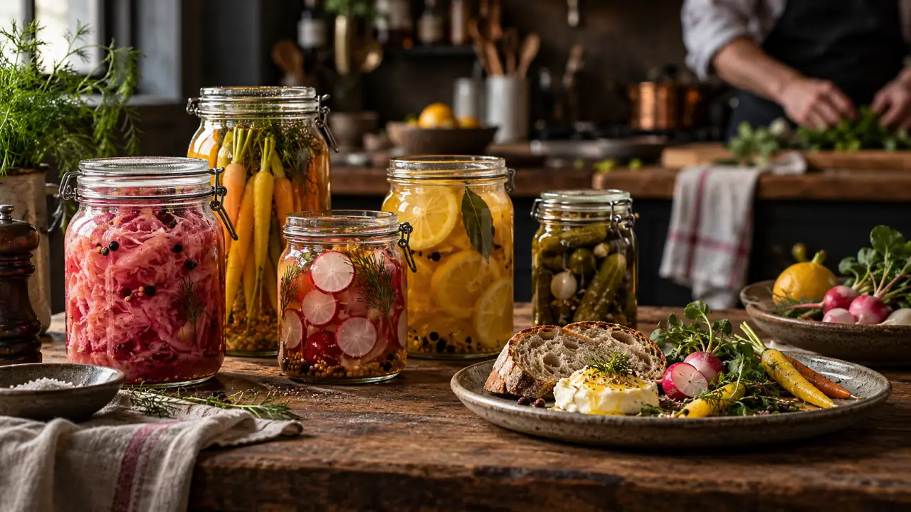 Bocaux de légumes fermentés et produits locaux sur une table de cuisine