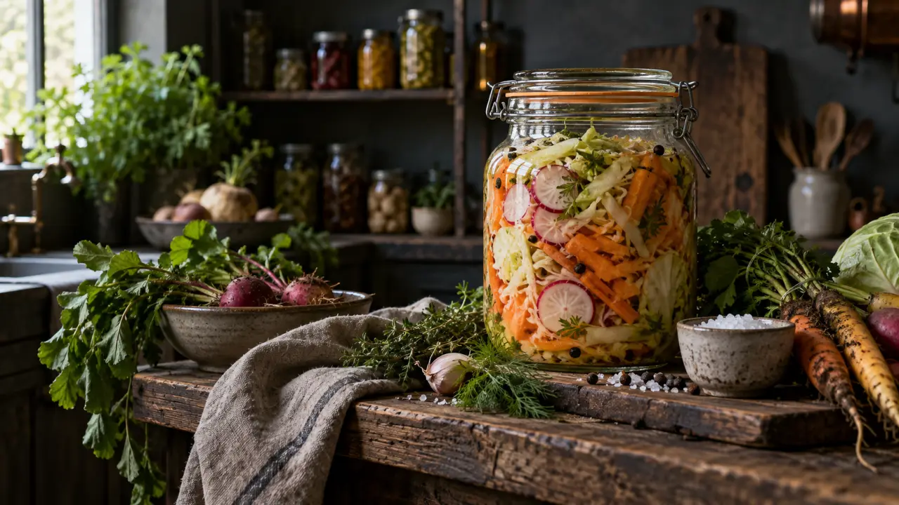 Bocaux de légumes fermentés et produits de saison sur une table de cuisine