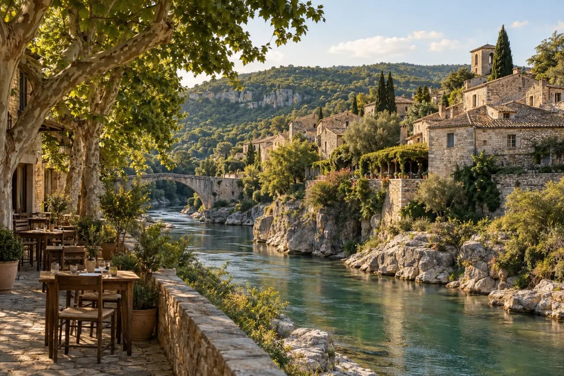 Restaurant sud Ardèche sur une terrasse ombragée au bord d’un village de pierre