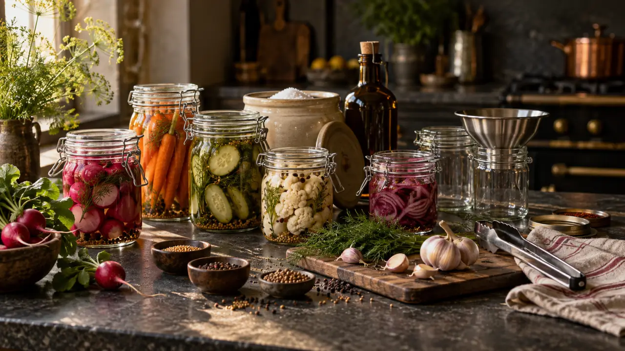 Bocaux de pickles maison colorés sur une table de cuisine
