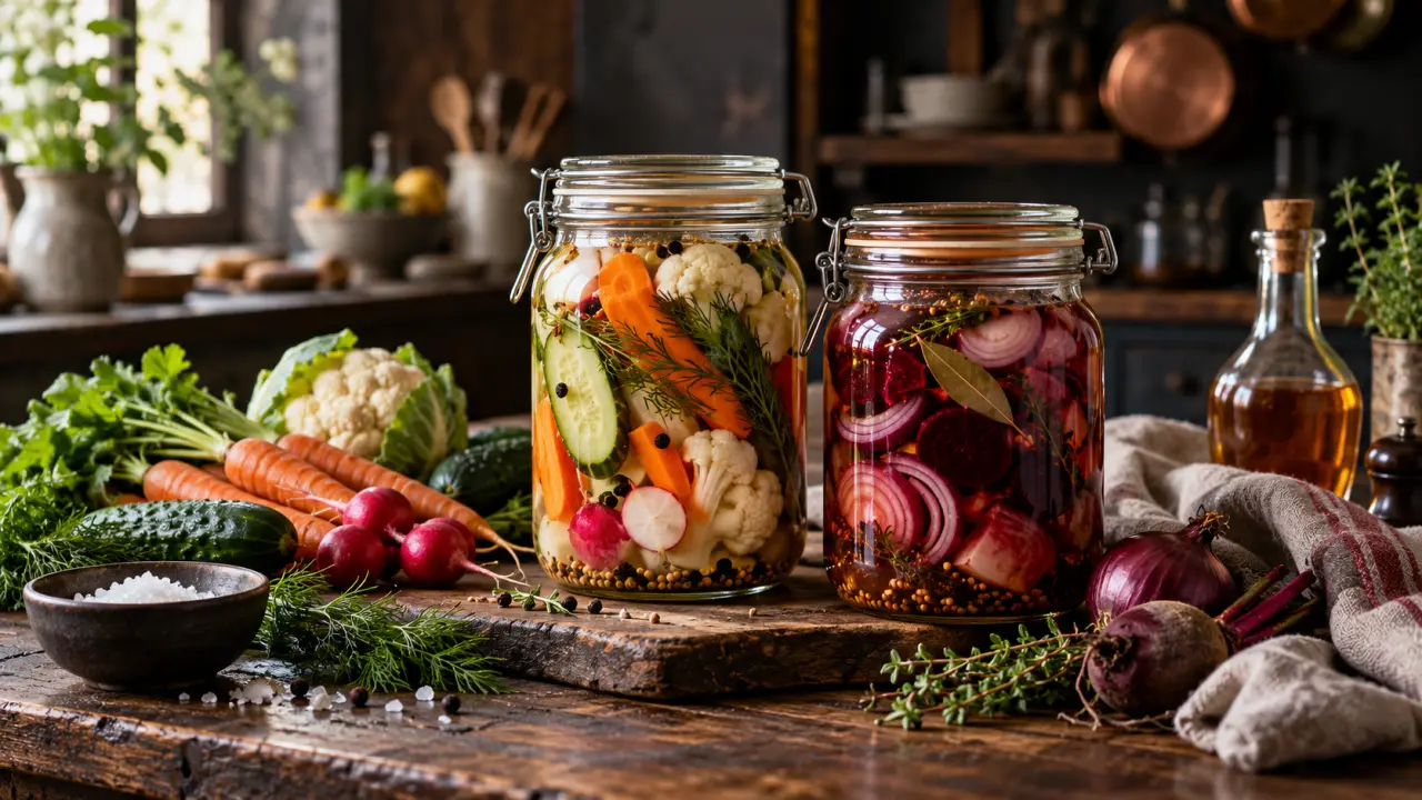 Bocaux de légumes conservés en saumure et au vinaigre sur une table de cuisine