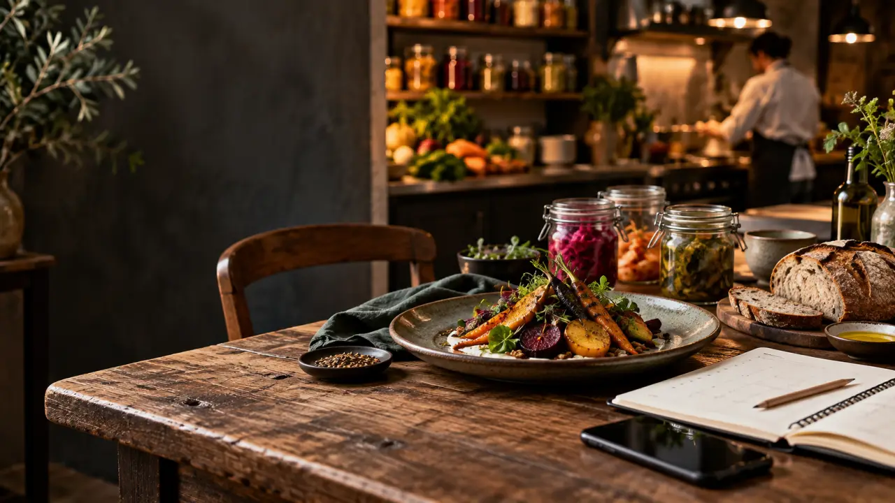 Table de restaurant chaleureuse avec une assiette de saison et un verre de vin