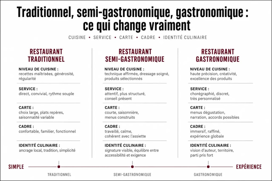 Restaurant gastronomique définition : visuel comparatif entre traditionnel, semi-gastronomique et gastronomique